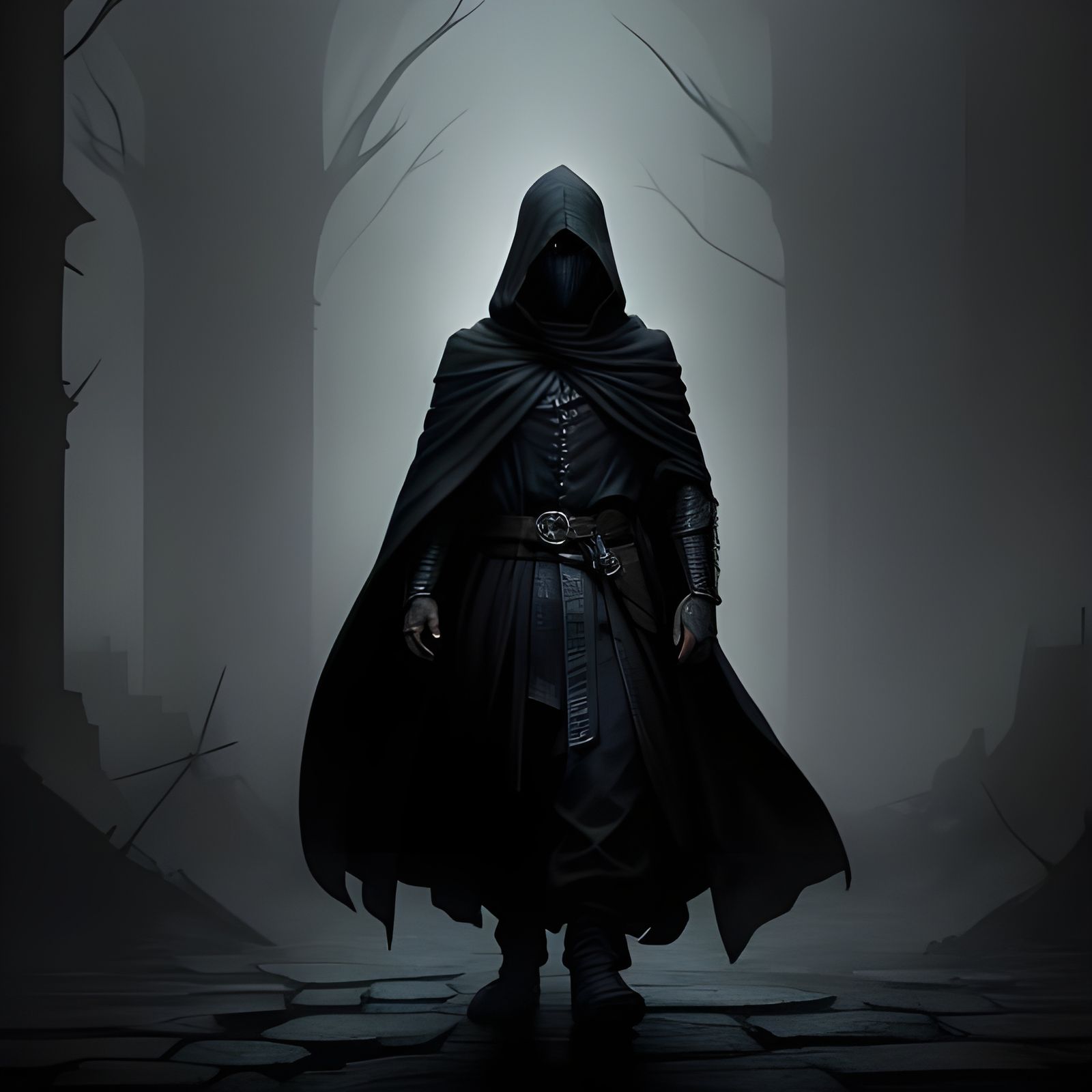 Mysterious Hooded Figure in Shadows: Digital Matte Painting