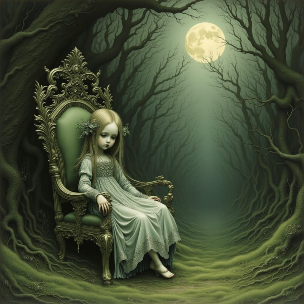 Sad Porcelain Doll on Throne in Moonlit Garden