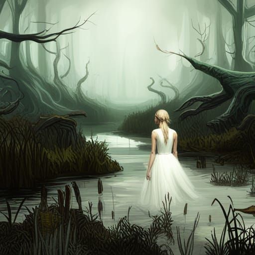 A scene in a swampy forest, in the foreground is a woman in ...