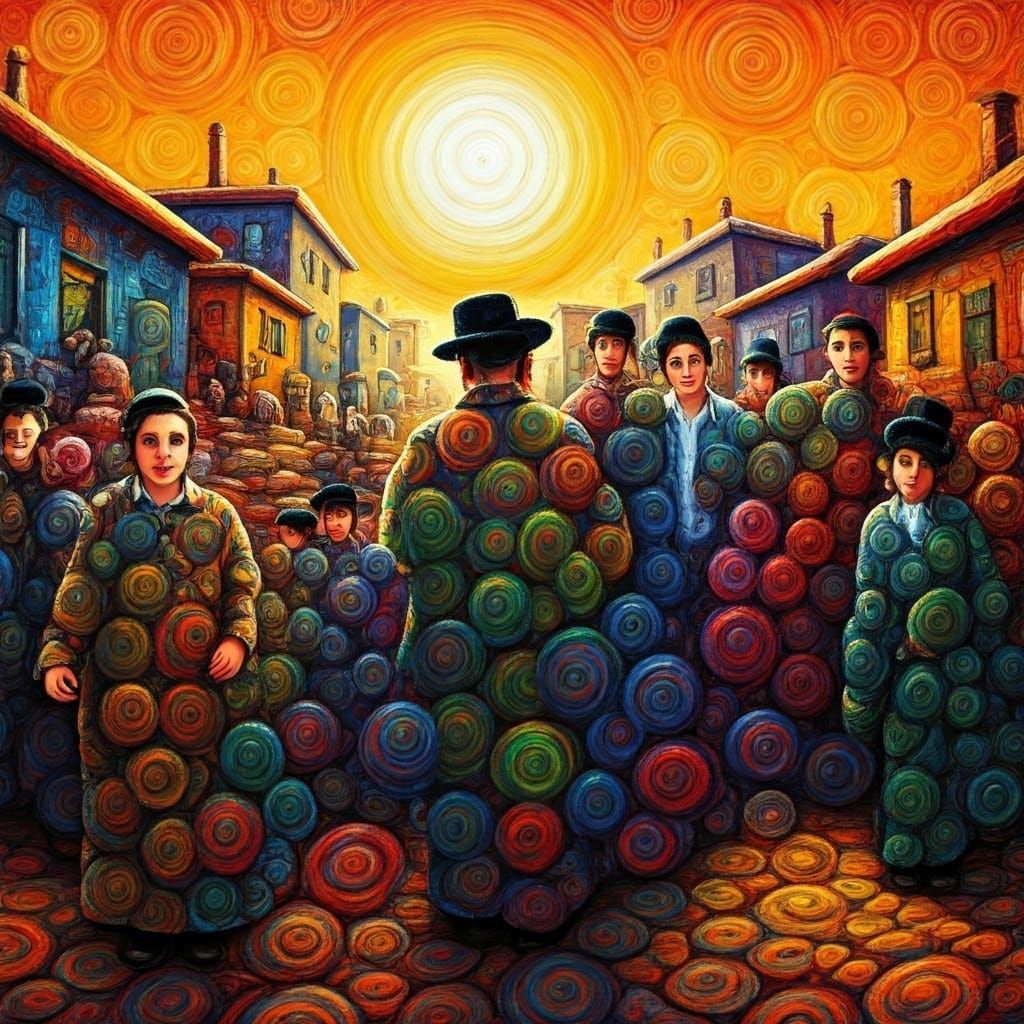 Vibrant Orthodox Jewish Village in Whimsical Folk Art Style