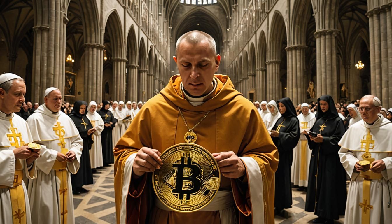 A catholic monk inside a cathedral as he holds a big golden bitcoin in ...