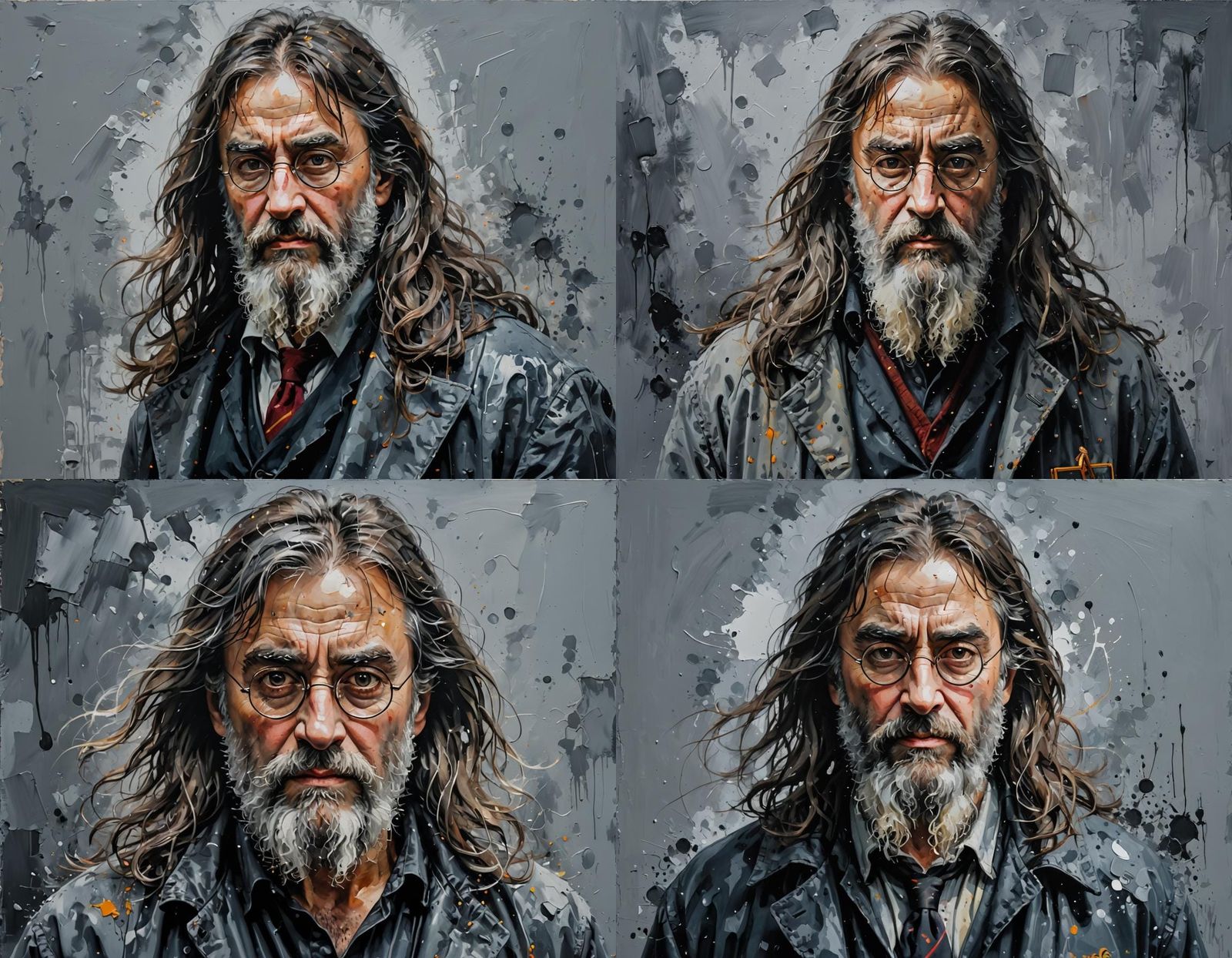 Portrait of old Harry Potter with a beard and long hair, gray background, Three-dimensional oil painting on a rough canv...