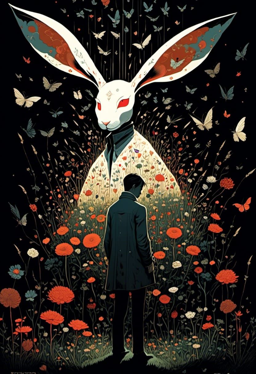 Ultra high resolution render of Darkness given form the shape of a man, enormous shadow cyborg approaching, rabbit cyborg : pointed ears, wh...