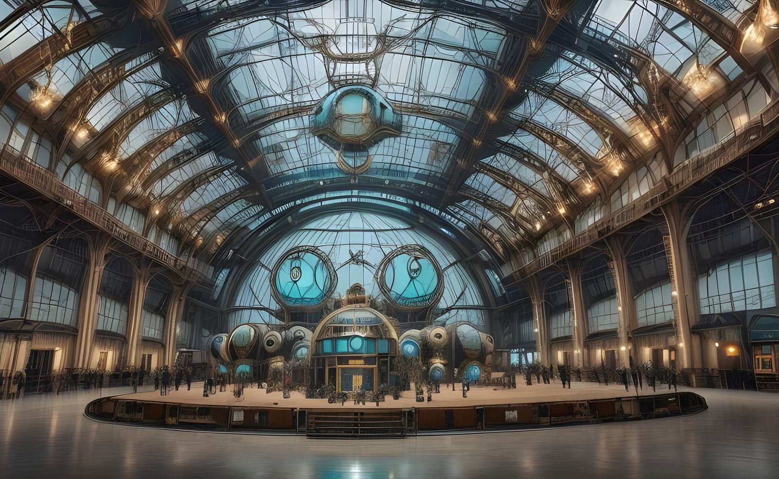 a huge steampunk hangar finished in an opera style with lots of installations. in the middle  glowing aquamarine glass l...