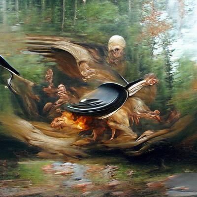 Gravy lord of death flying in a pan through the woods Renais...