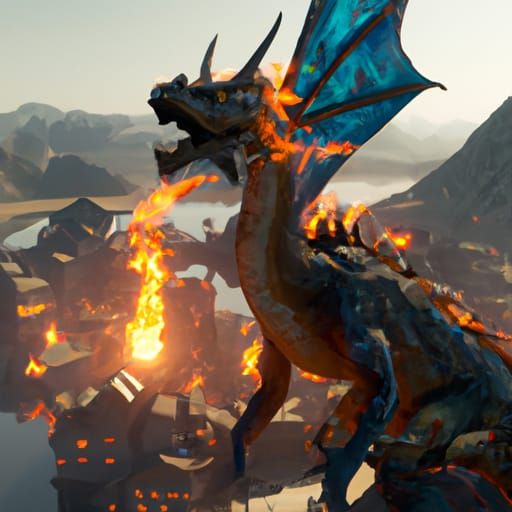 Dragon burning down a village