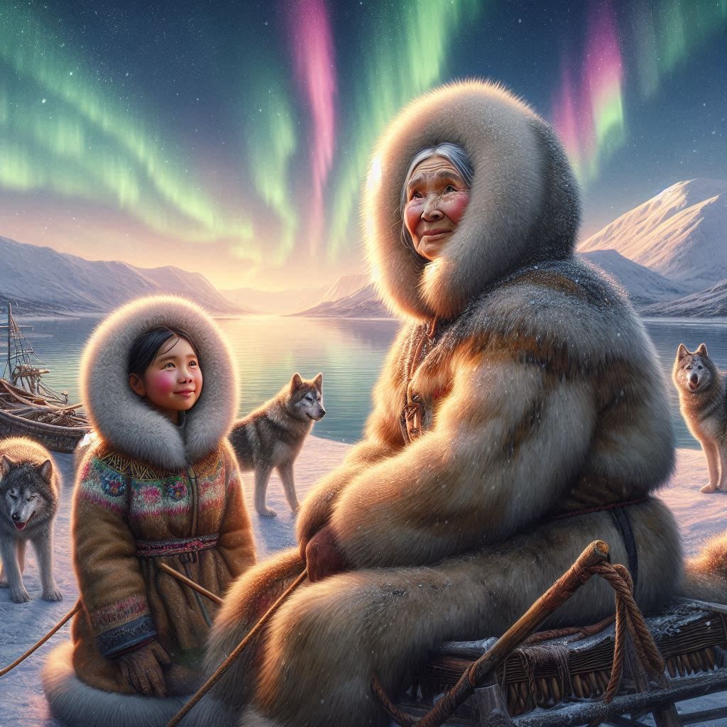 A native inuit grandmother explicating her granddaughter the...