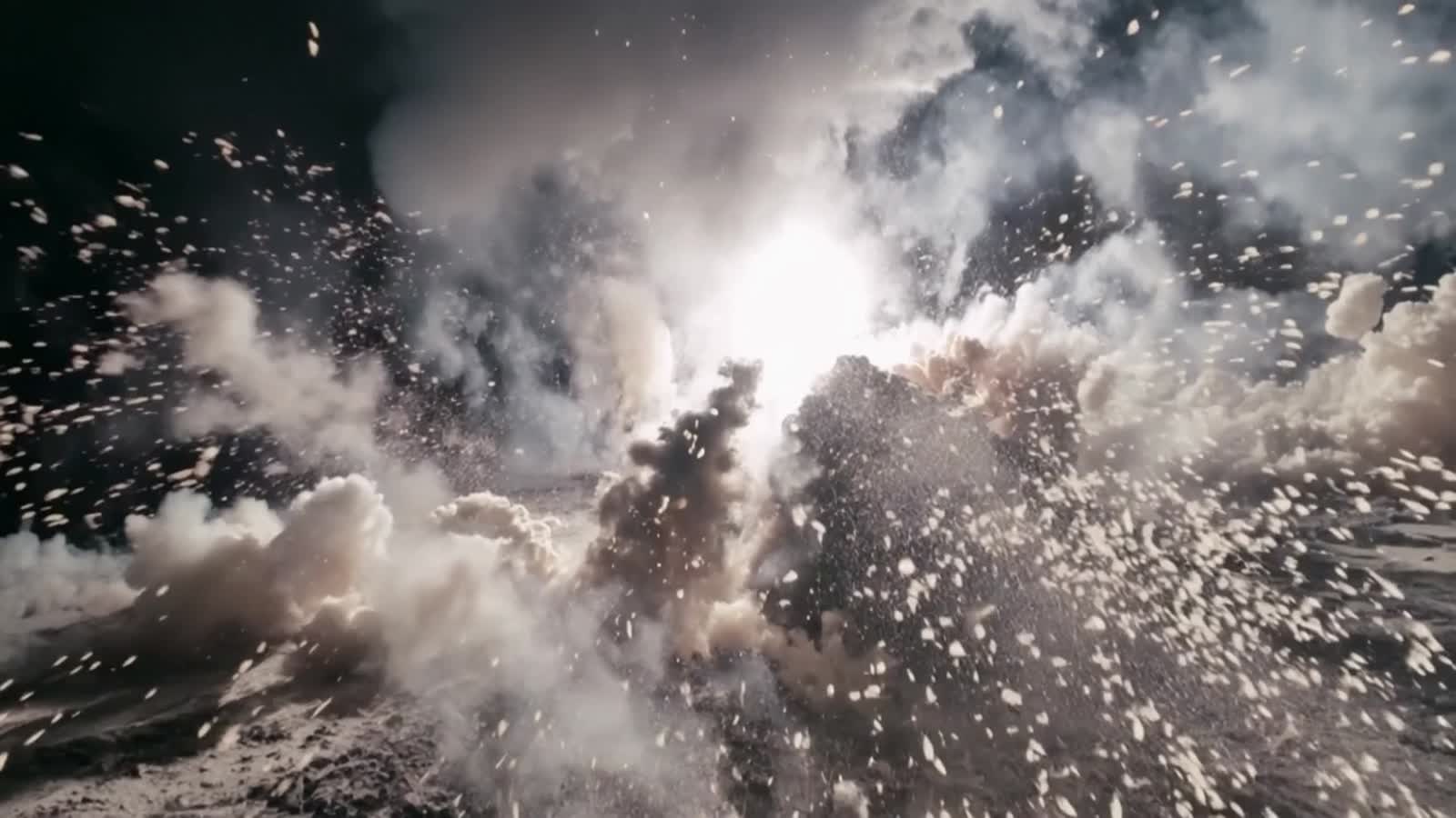 Powder explodes, the scene is in chaos, debris flying fast towards the camera, flashing light, explosions, powder explod...