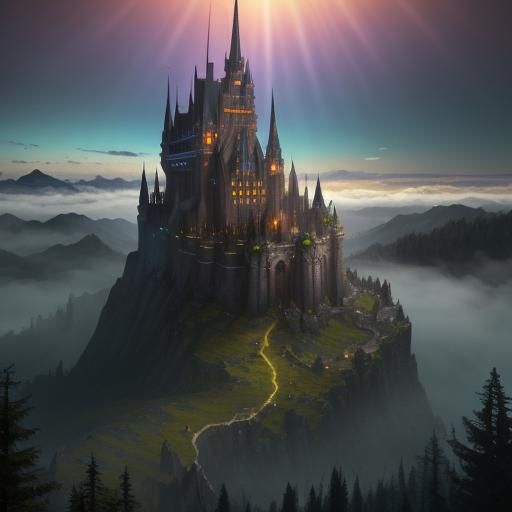 Mystical Mountain Landscape with Glowing Forest