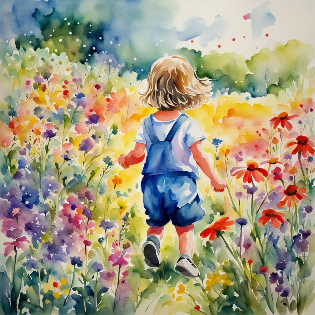 Child playing in a field of wildflowers, watercolor painting...