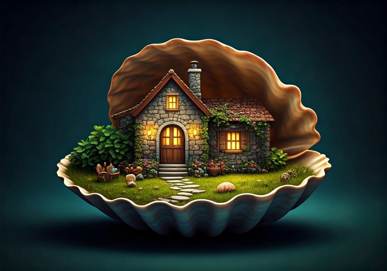 Whimsical Seaside Cottage in a Glowing Seashell