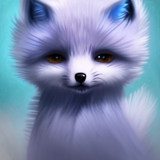 Intricate Cute blue fluffy fox welp, Open eyes, fractal flow...
