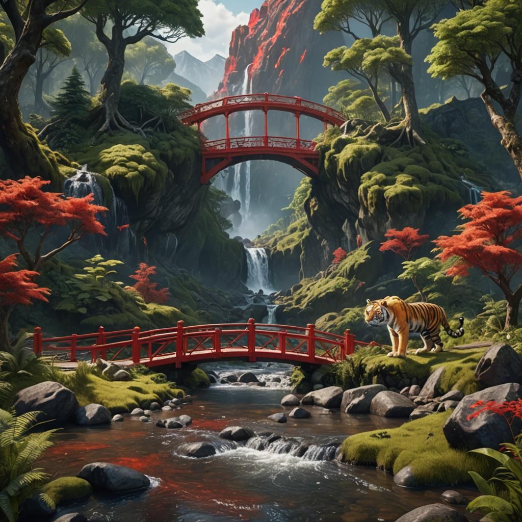 a bubbling brook with a red bridge in a forest with an activ...