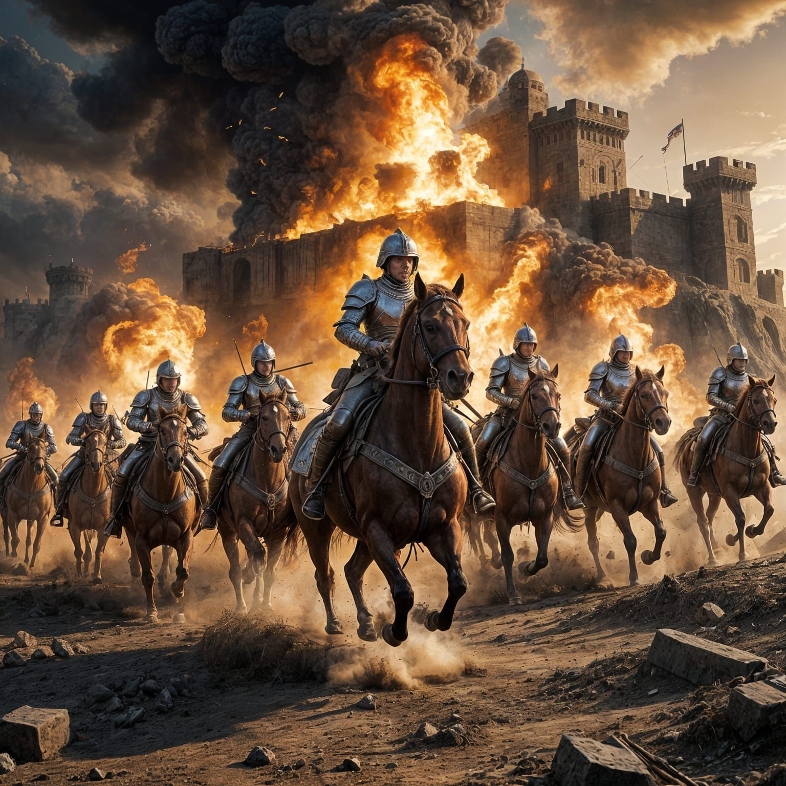Cavalry Charge on Burning Fortress: Epic Fantasy Battle