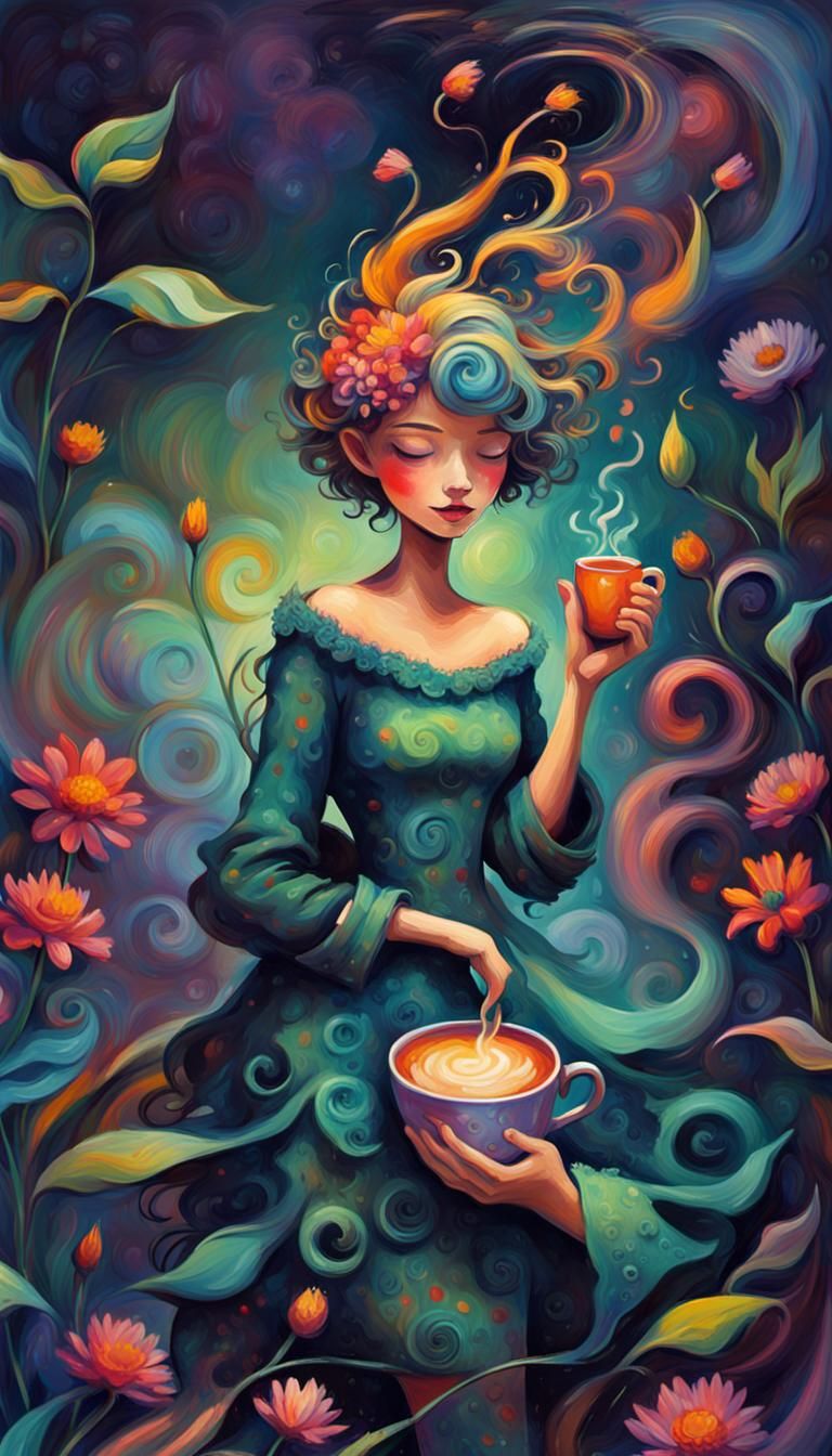 The most beautiful pixie in the world enjoying a steaming cup of coffee