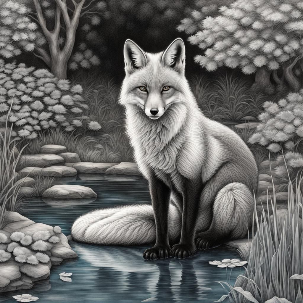 shiku zatsuna Inflecta Black and white fox surround by a bea...