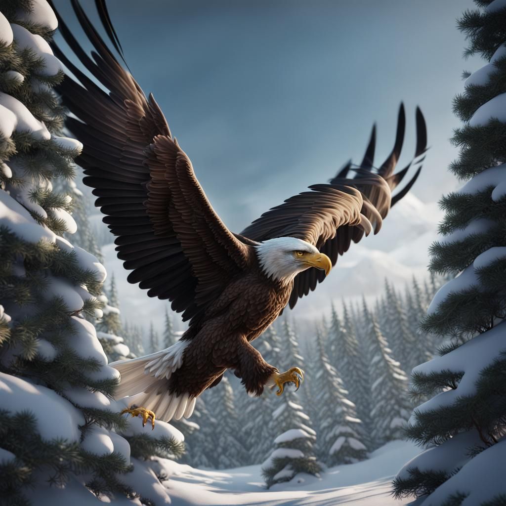 Eagle flying through pine trees in snow

