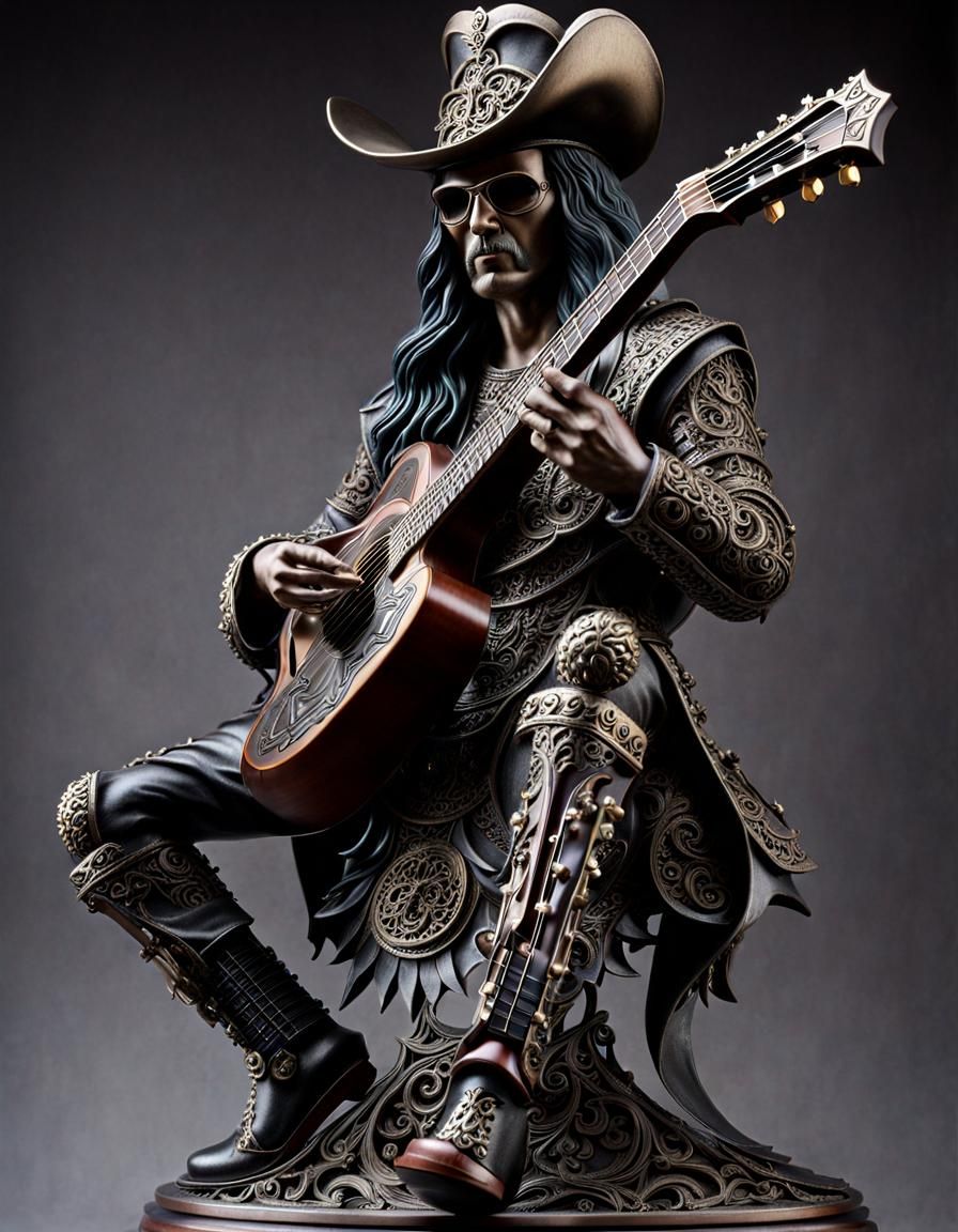 Hyperealistic Iron statue of a heavy metal musician standing playing ...