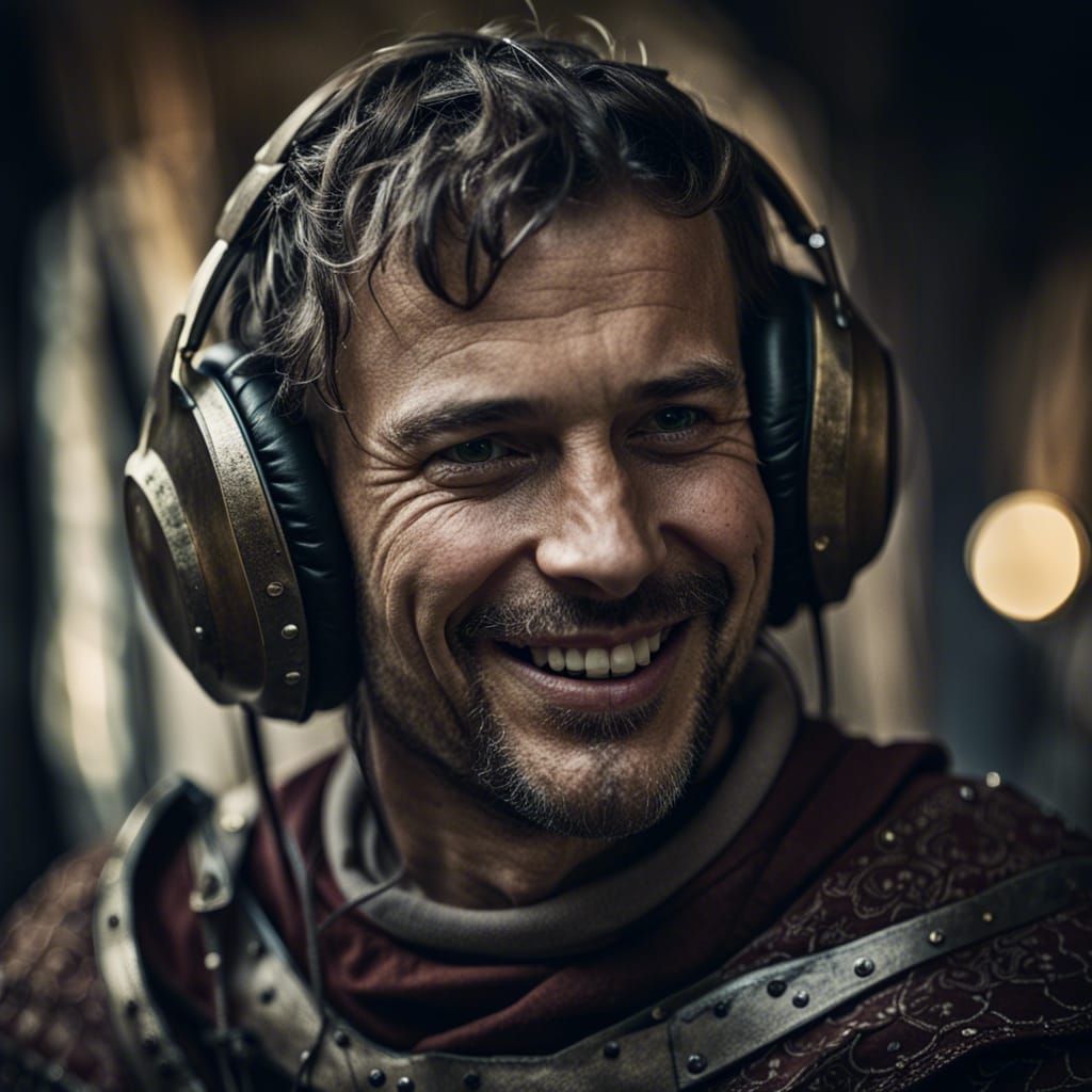 Medieval knight listening to headphones