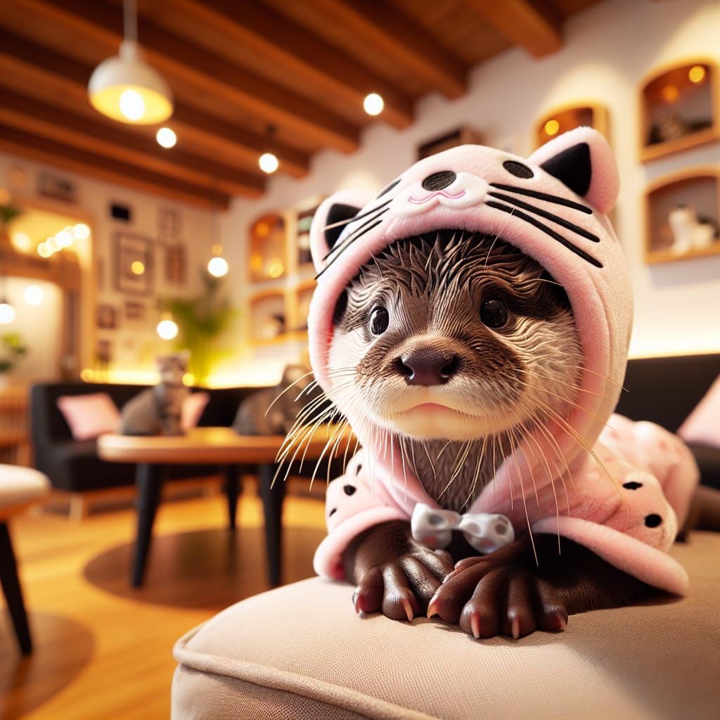 Norman the baby otter sneaks into the cat cafe