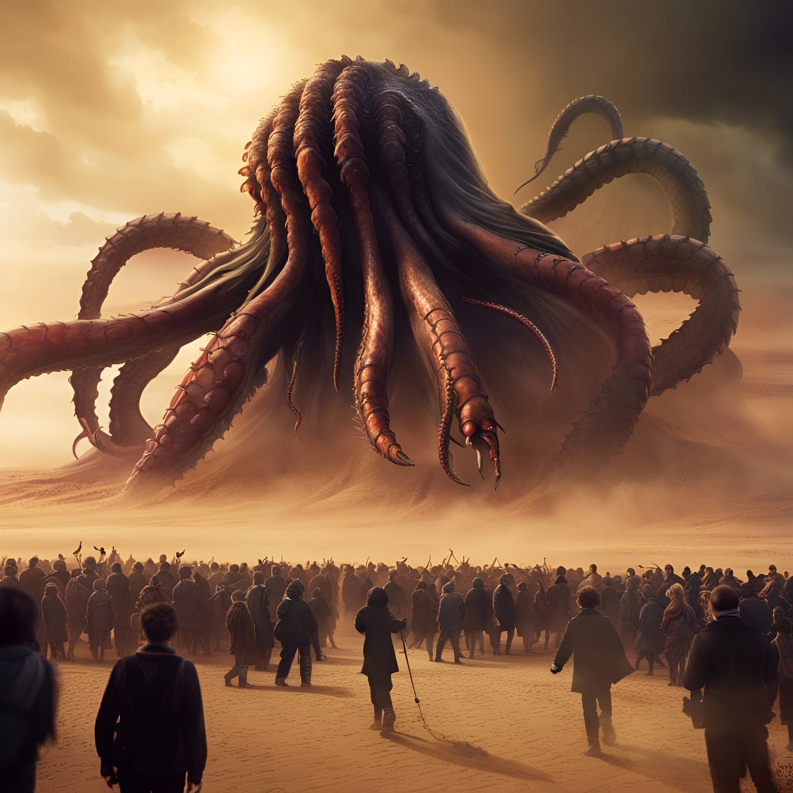giant tentacle monster approaching crowd, black shell, crab claws