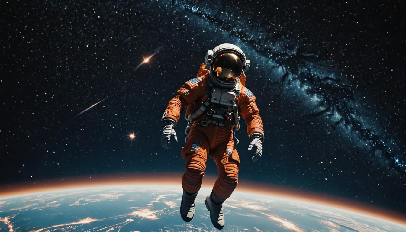 astronaut floating in space Earth underneath, shining stars, spaceship leaving Cinematic film still, shot on v-raptor XL, film grain, vignet...