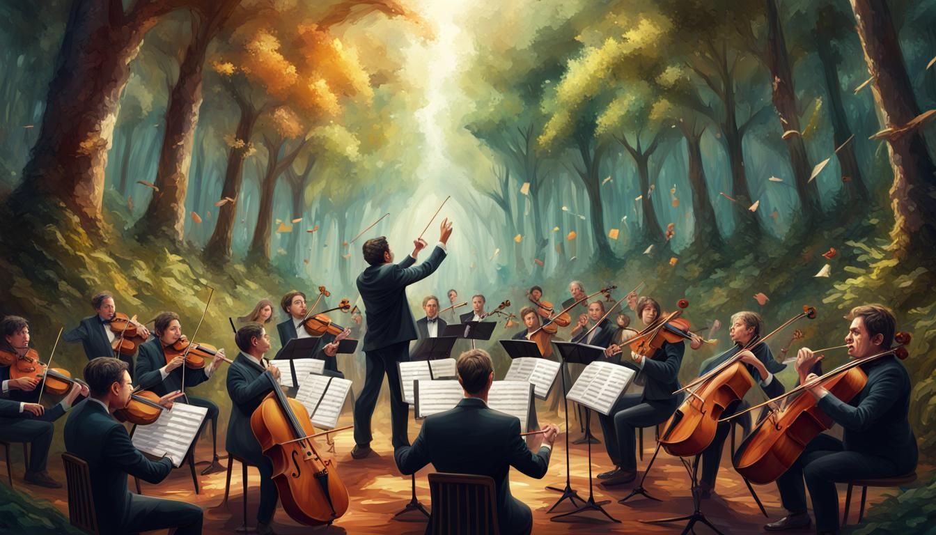 an orchestra with a conductor playing music in a forest AI Generated