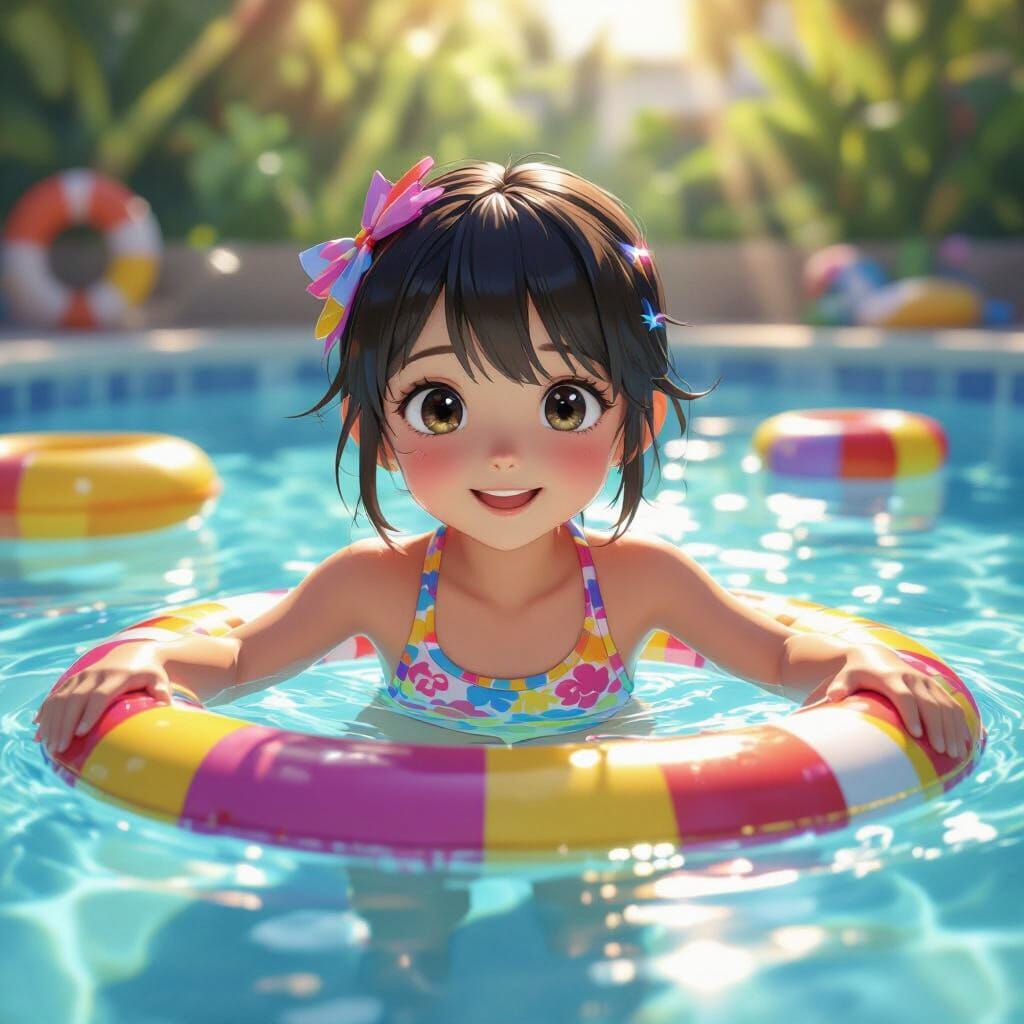 Girl Swimming in Pool: 3D Anime Style