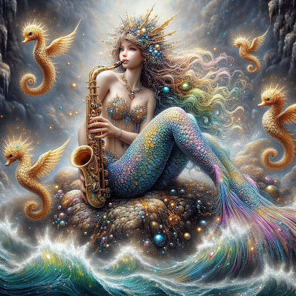 Mermaid saxophonist playing to the seahorses