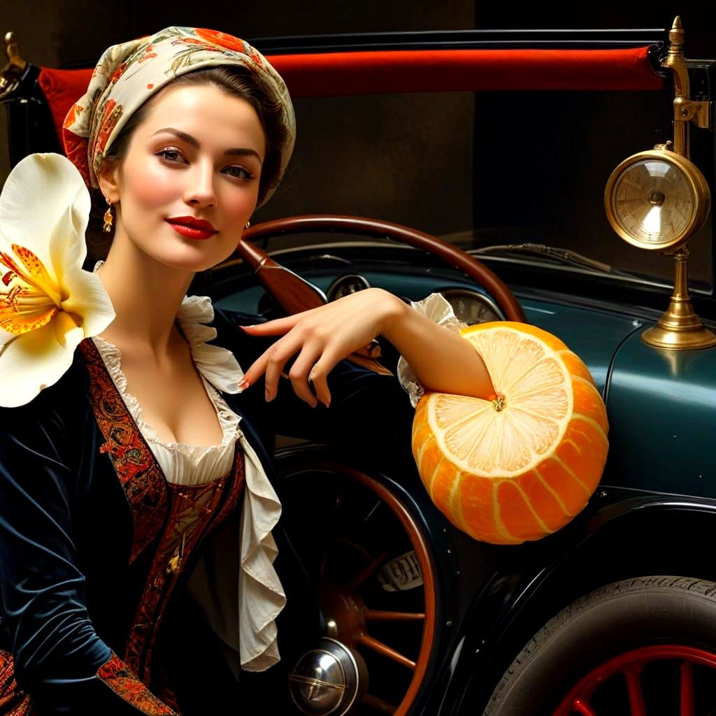 Surreal Woman in Antique Car: Photorealistic Image
