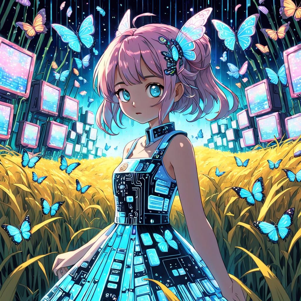 Anime Girl in Glowing Chip Field: Pop Art Digital Painting