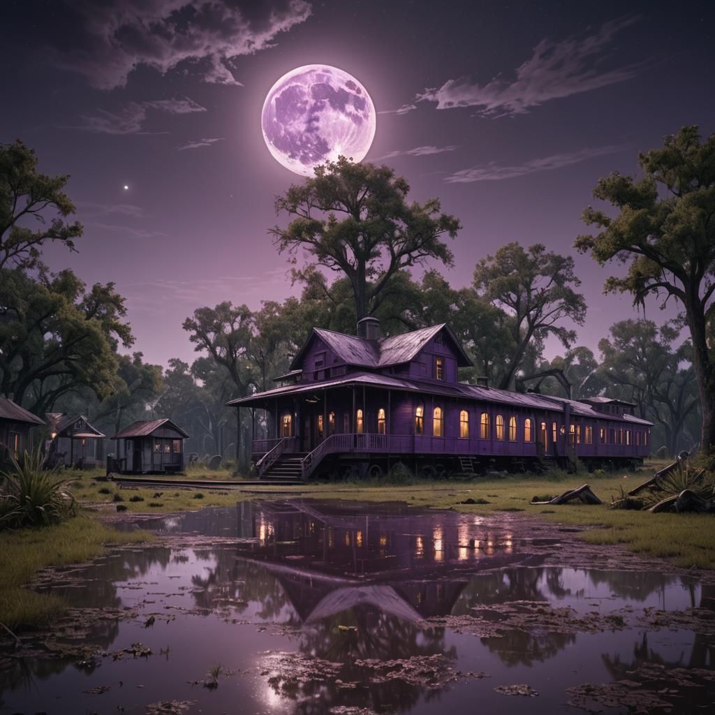 Abandoned train depot in Louisiana swamp under full round pu...