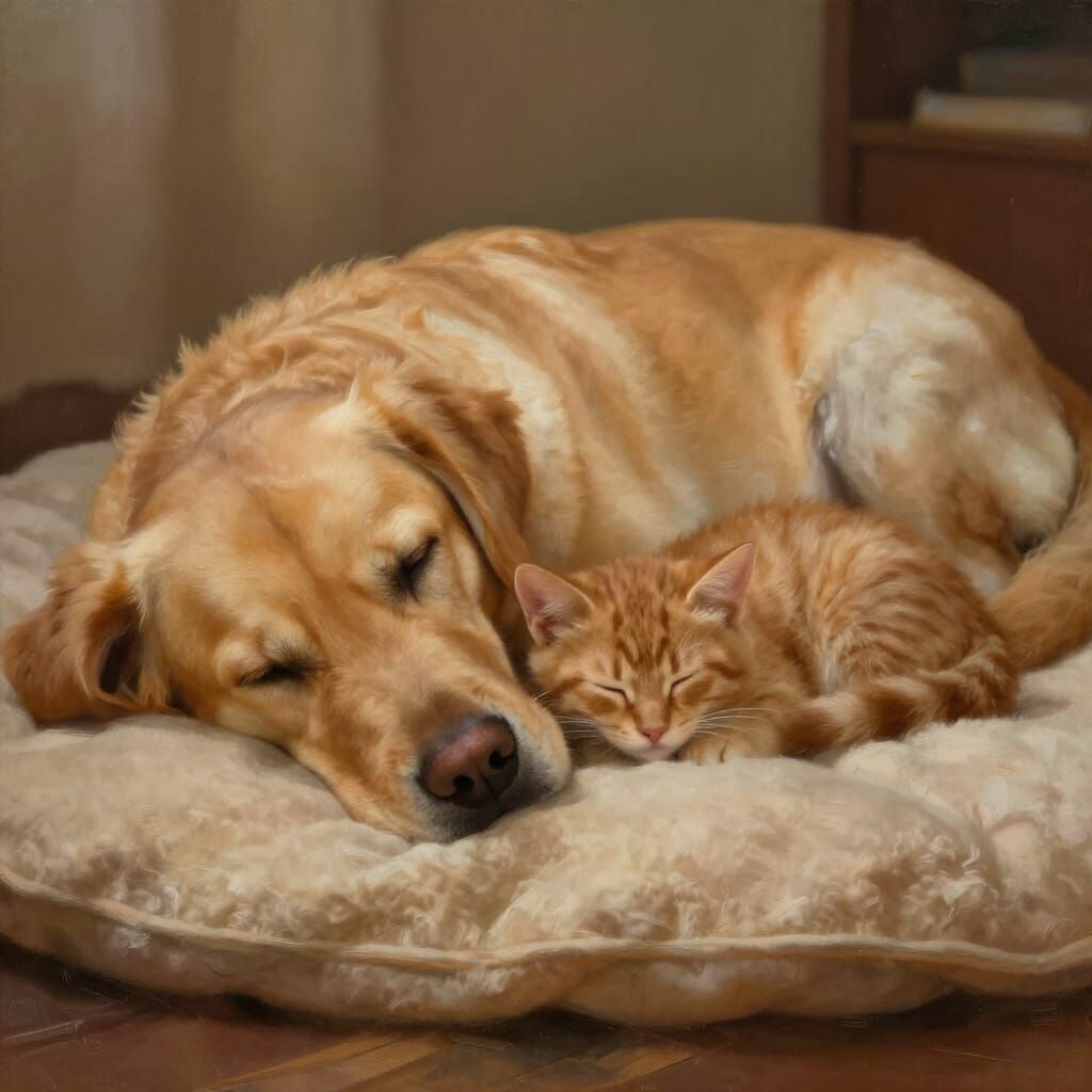 A Labrador sleeping peacefully on a round blanket in a bedroom, lying on its side, relaxed and calm. ...  by @Tiama