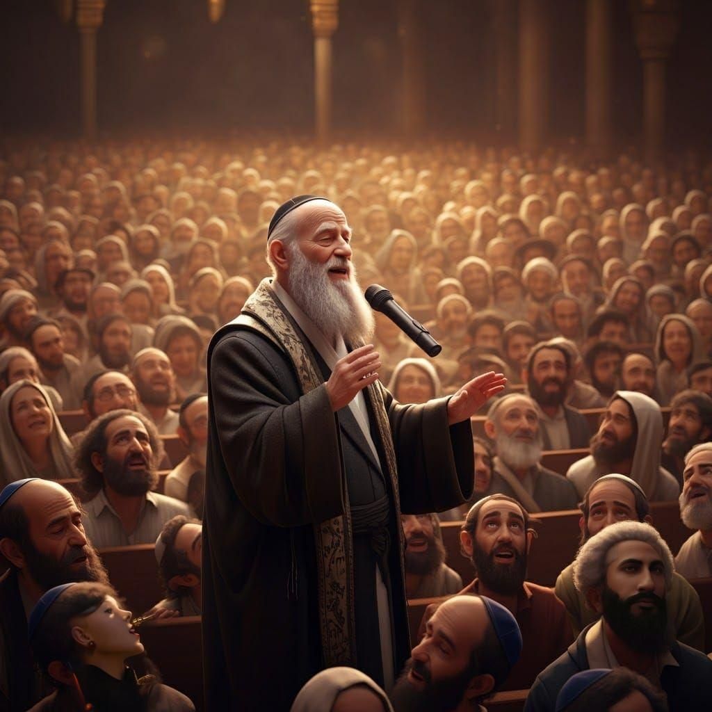 3D Anime Rabbi Preaching to Crowd