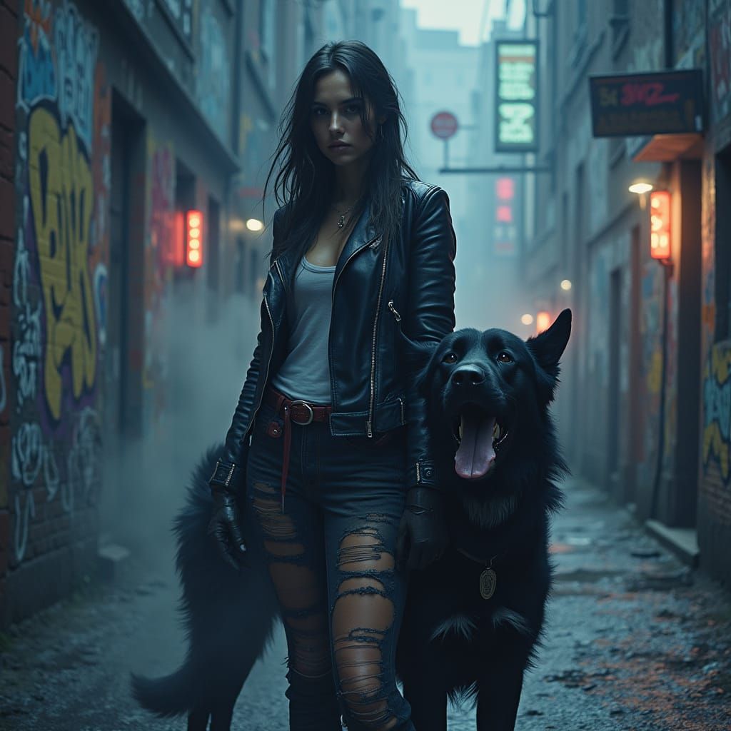 A gorgeous, bad-tempered 19-year-old female with striking features and an alluring aura, clad in a stylish leather jacket and ripped jeans, ...