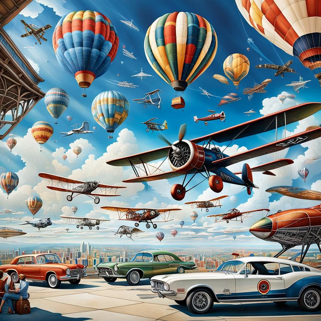 A photorealistic mural depicting the evolution of human flig...