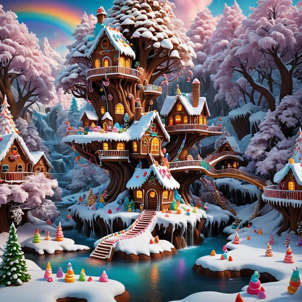 Gingerbread treehouse, marshmallow snow, cotton candy trees  by @Arcarels
