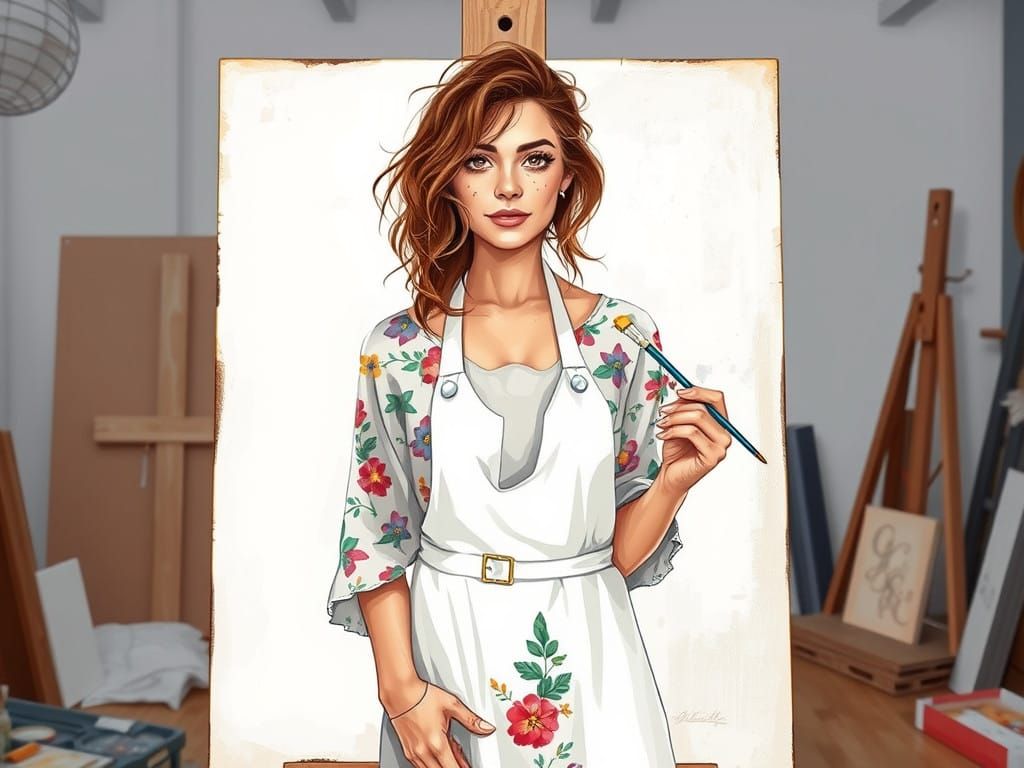 Realistic illustration of a woman painting her own image on canvas. Digital art