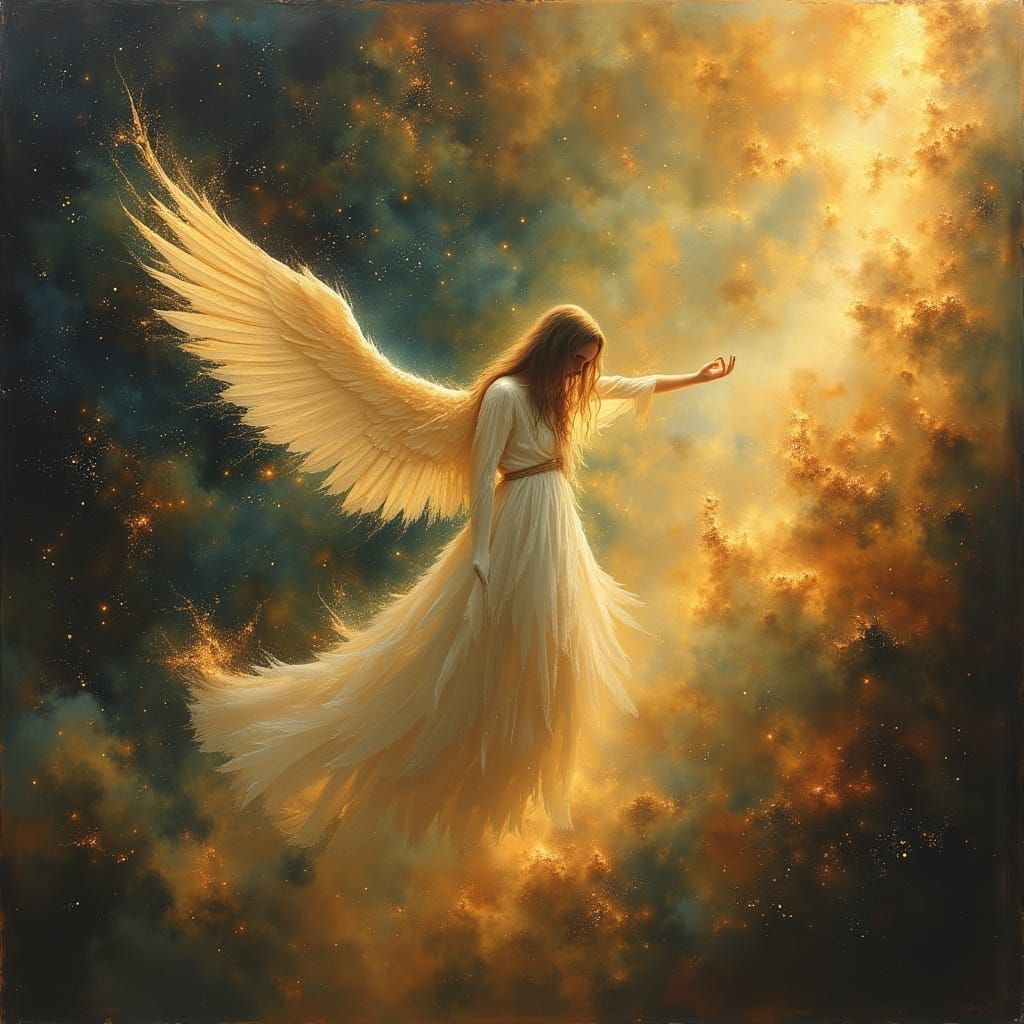 Ethereal Angel in Golden Light Celestial Scene