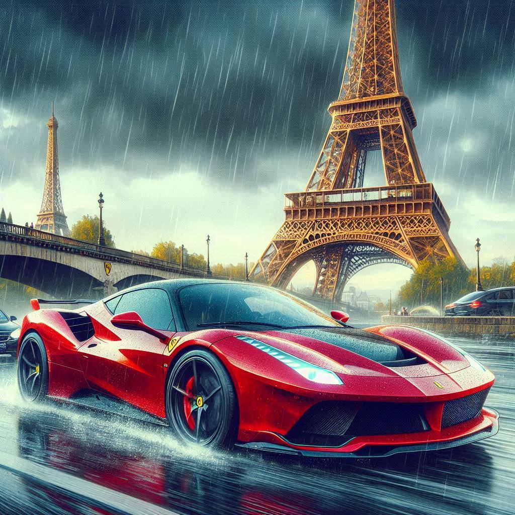 Una ilustración de un Ferrari, en una carretera de París....