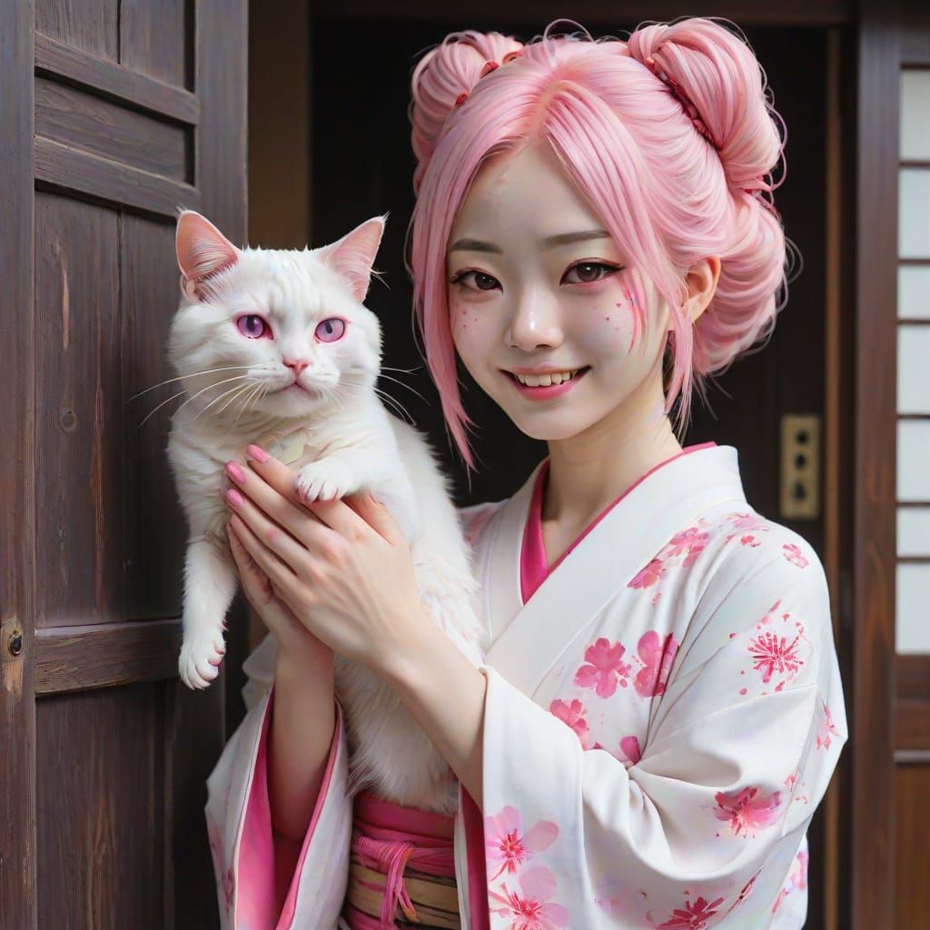 A joyful, grinning, albino, Japanese girl with pink eyes. Her hair is long, soggy, and bright pink. Her white kimono is ...