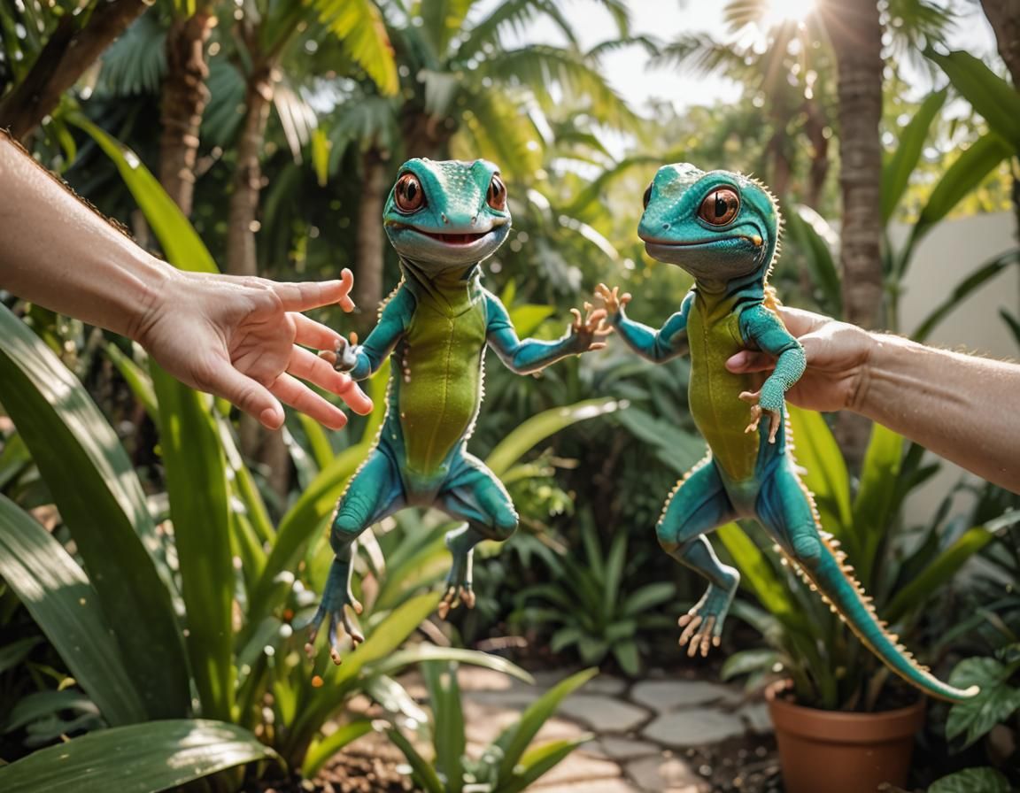 2 cute adorable alien geckos jumping in the air doing a leaping high ...