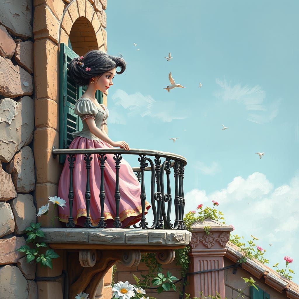 Mystical Juliet on the balcony and Romeo below act, 3D cartoon style, whimsical, surrealism, surreal, Flickr, DeviantArt, 38k resolution, ve...