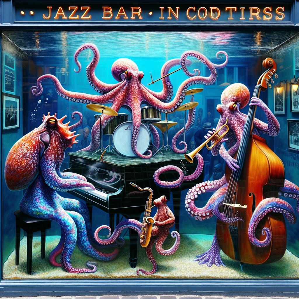 A colorful whimsical yet realistic octopus jazz band in an underwater tank housed within a smoky jazz ...  by @whiterose