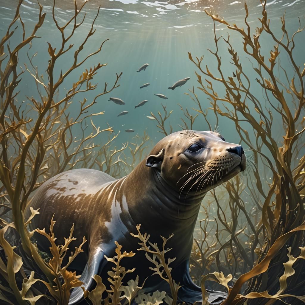  young sea ​​lion swimming among large  kelp  by @Mapont