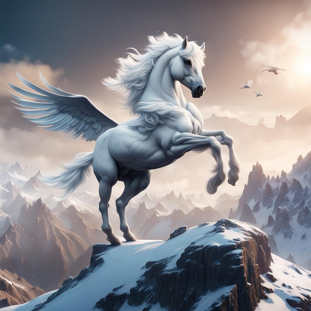 Pegasus the winged horse white as snow flying over the mount...