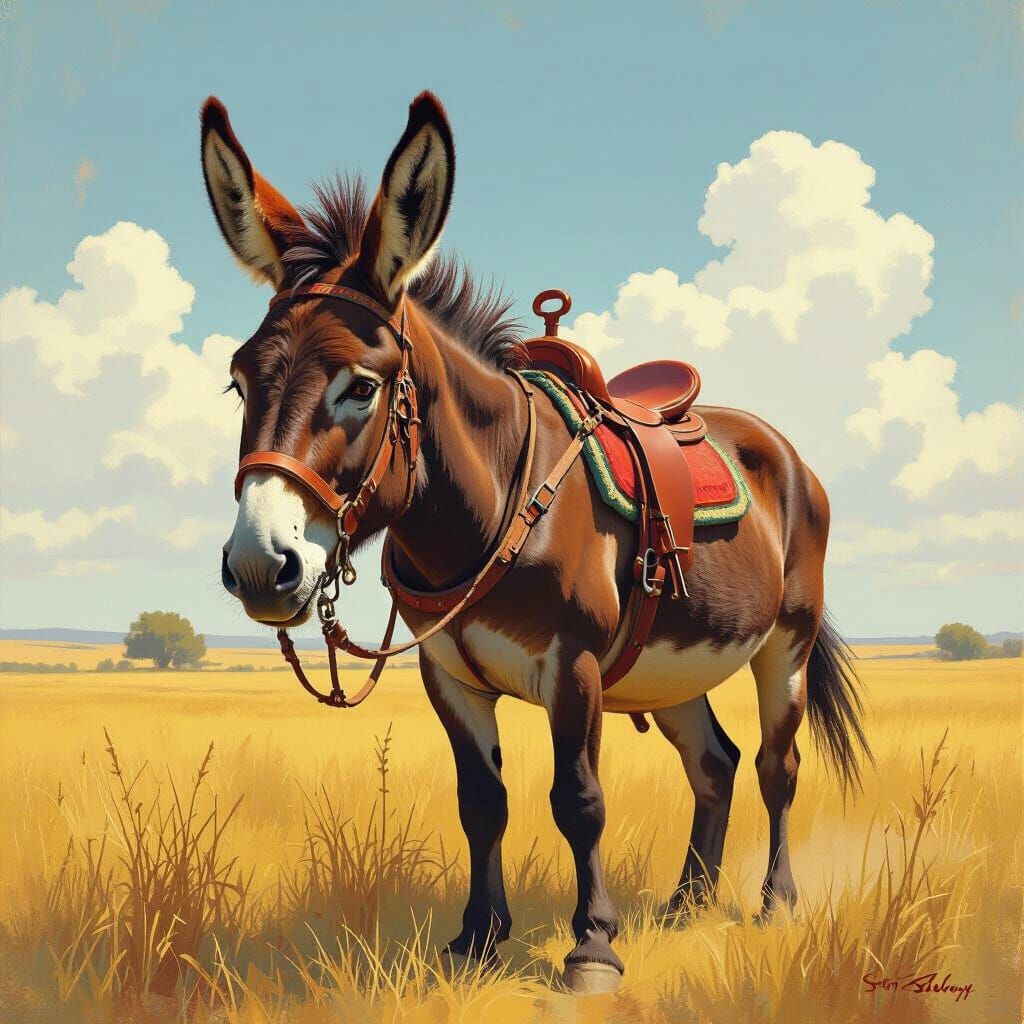 Angry Donkey in Sun-Drenched Field, Fantasy Art