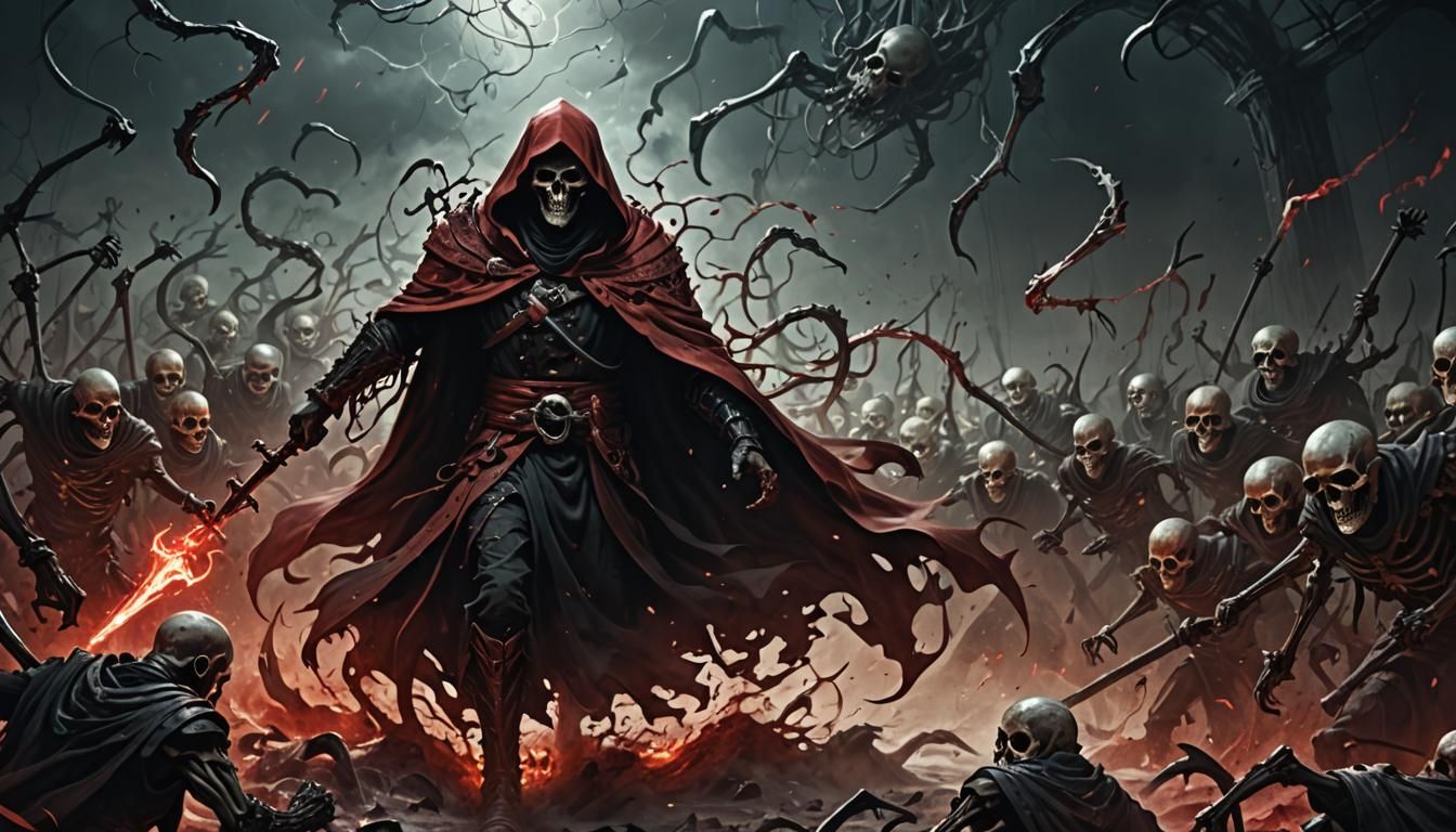 The Crimson Reaper strides through a sea of writhing skeleto...
