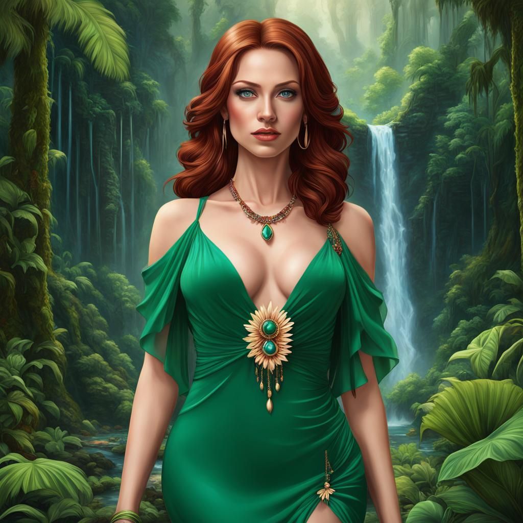 beautiful woman in the rainforest near an old temple