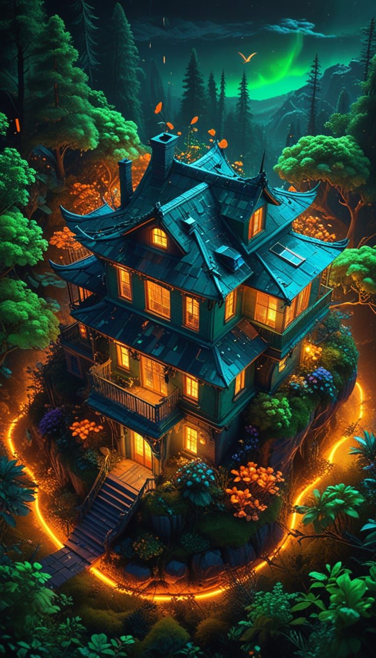 A surreal isolated house at the edge of a magical forest, rendered entirely in glowing neon green and ...  by @Modi19